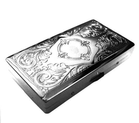 Cigarette Case Victorian Style Metal Holder for Regular, King and 100's Size RFID (Small, Silver Etched)