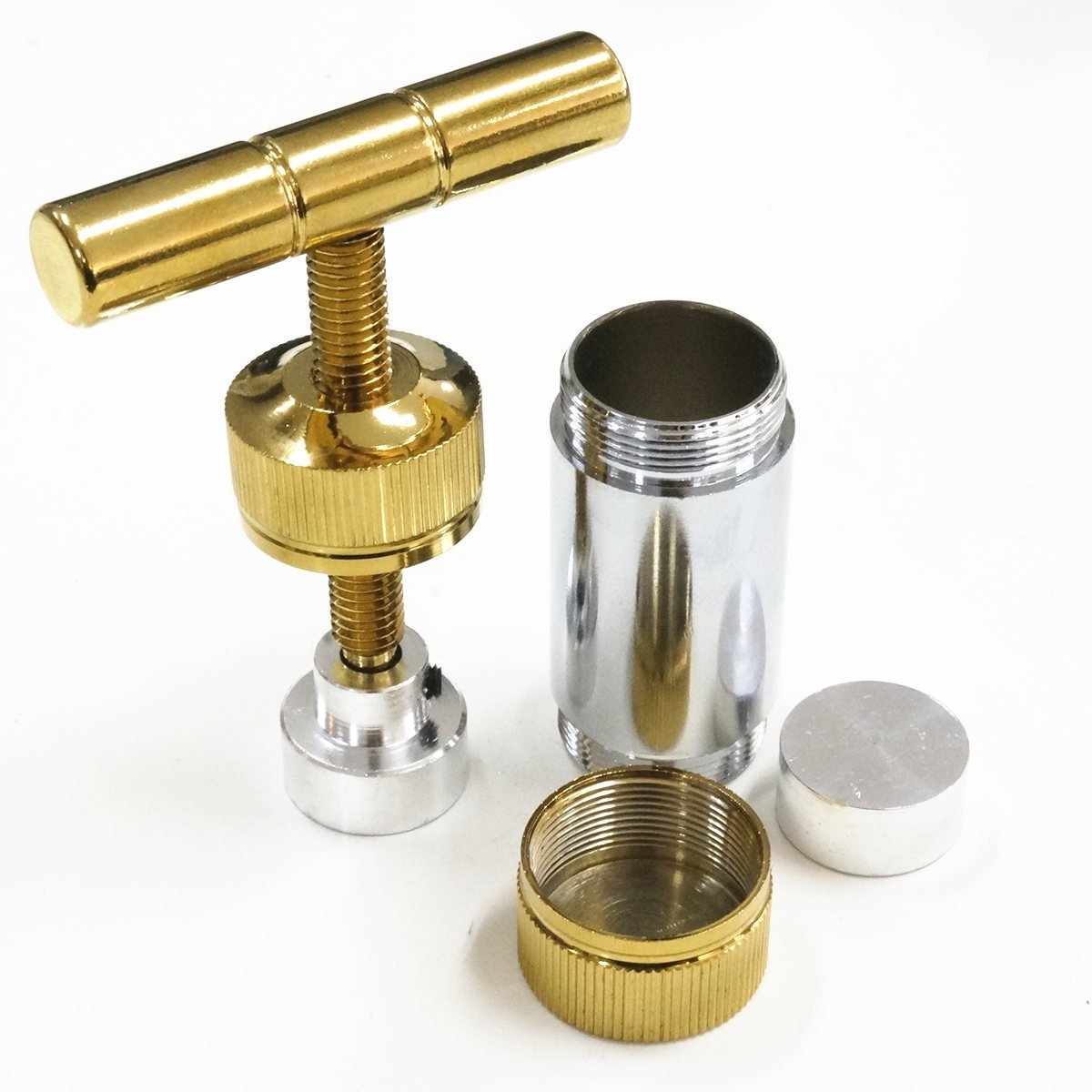 Pollen Press Tool 3.5 Inches Engineered Brass Cylinder Heavy Duty Metal T Shape, Tincture Extractor Crusher Gold/Silver color