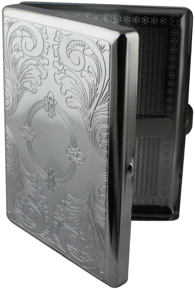 Cigarette Case Victorian Style Metal Holder for Regular, King and 100's Size RFID (Large, Silver Etched)