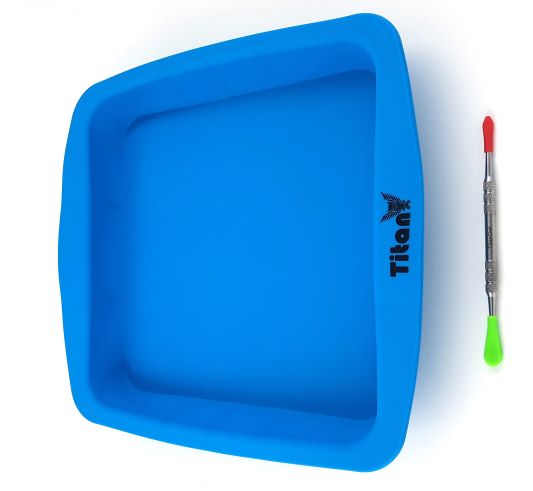 Silicone Deep Dish Tray Container Cake Pan Approx 8"x8" + Carving Scrape Tool, Baking Bakeware Brownie Rolling Wax BHO Blue